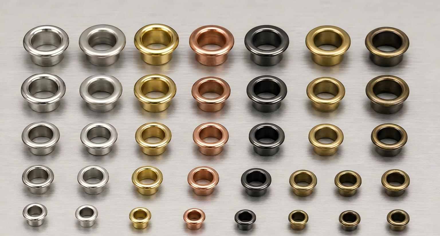 Metal clothing grommets in multiple sizes and finishes for garments, bags and fabric applications